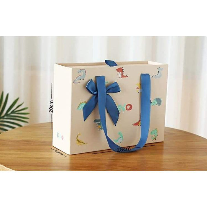 Gift Box Drawer Bag Medium - Dinosaur Cream with Blue Ribbon