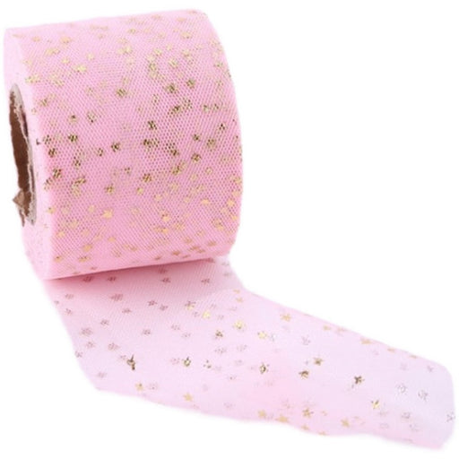 Gift Wrapping Ribbon Tulle - Bright Pink With Gold Foil Stars