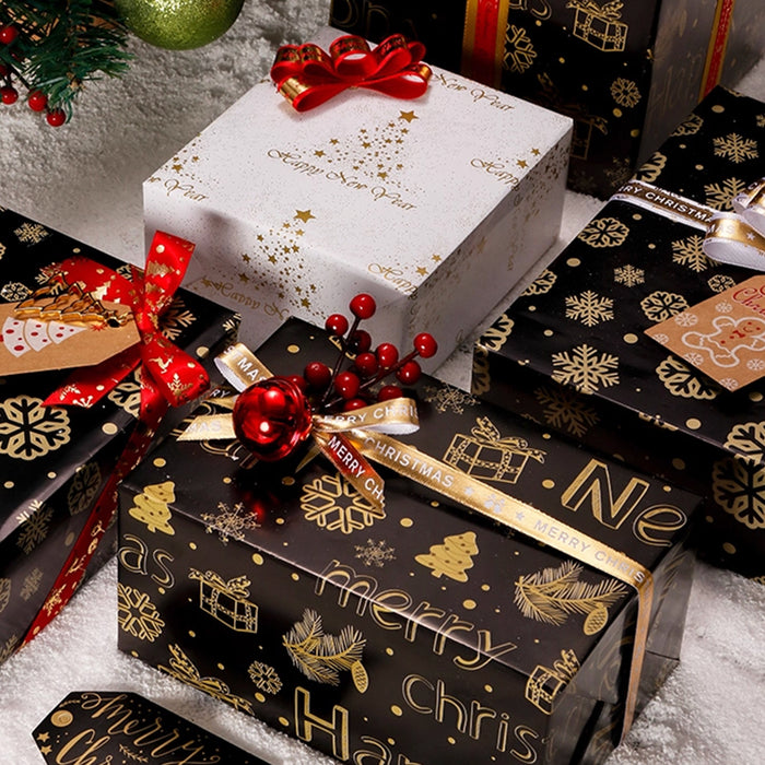 Gift Wrapping Paper Roll 5 Sheets - Gold Christmas on Black