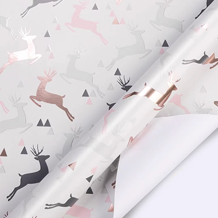 Gift Wrapping Paper Roll - Rose Gold Foil Reindeer on White