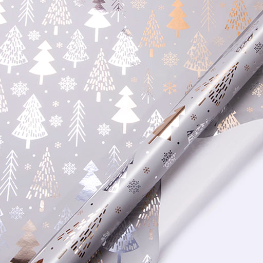 Gift Wrapping Paper Roll - Silver Foil Christmas Trees