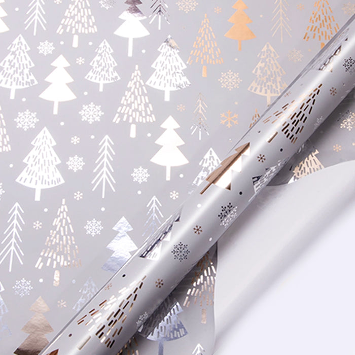 Gift Wrapping Paper Roll - Silver Foil Christmas Trees