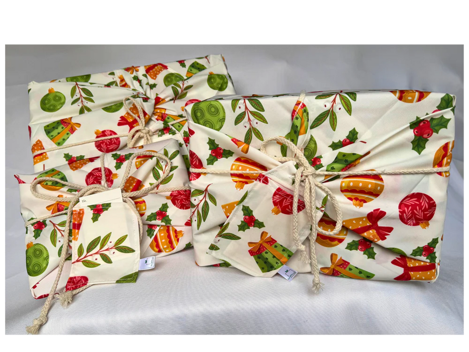 Reusable Gift Wrap - Christmas Collection - Cream baubles