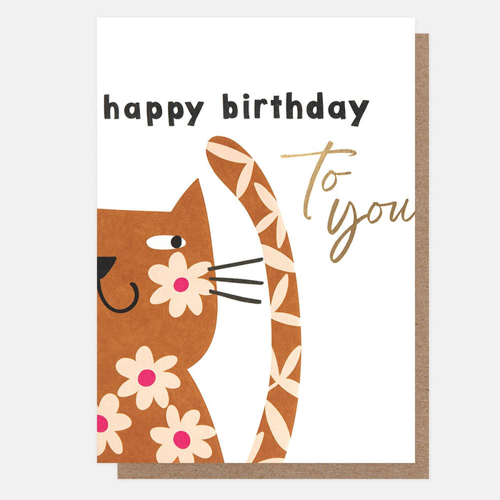 Greeting Card - Folk Friends Birthday Flower Cat