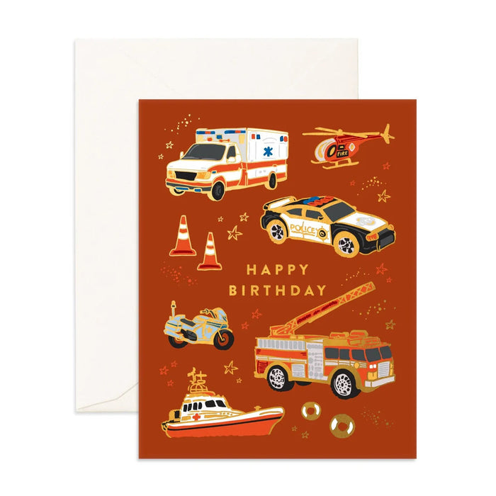 Fox & Fallow Greeting Card - Birthday Emergency Vehicles