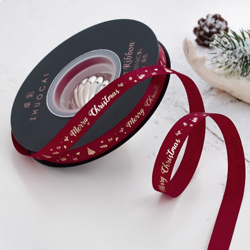 Gift Wrapping Ribbon - Merry Christmas Wine Red