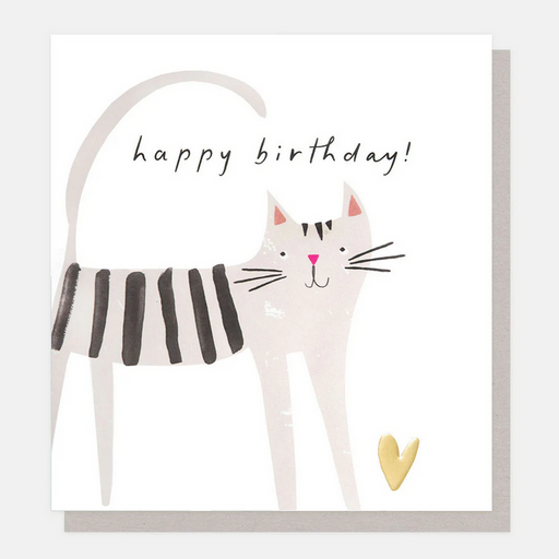 Greeting Card - Grey Cat With Heart Birthday Card