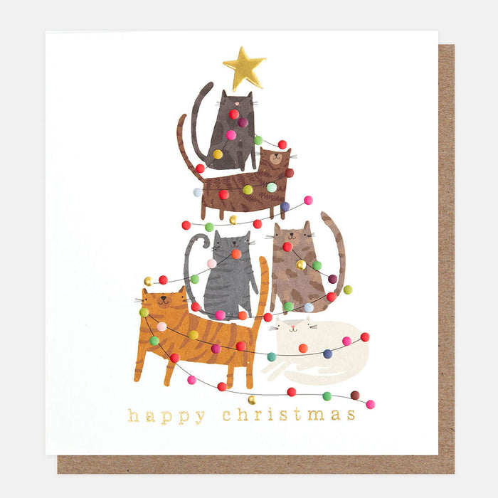 Greeting Card - Xmas Sgl Cat Tree Star Lights