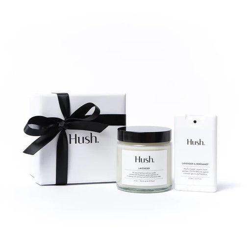 Hush Candle & Sanitiser Gift Box Bundle - Fir Balsam Candle + Lavender & Bergamot Hand Sanitizer