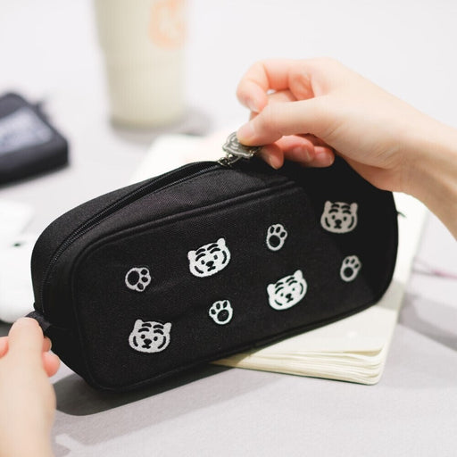 Tiger Embroidery Pen Pouch - Black