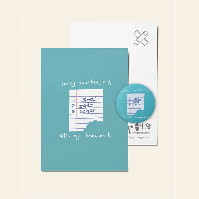 Postcard + Pin Set - My sister ate my homework