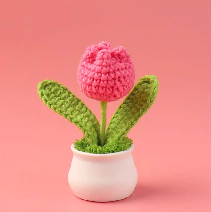 Crochet Flower Potted - Plum Red Tulip