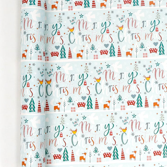 Gift Wrapping Paper Roll - 8M Whimsical Blue Christmas Trees and Deers
