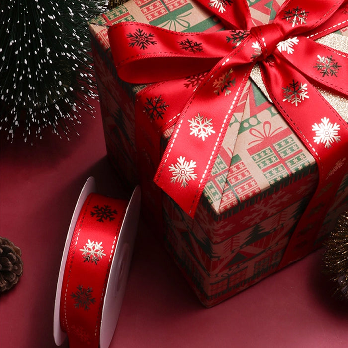 Gift Wrapping Ribbon - Gold Foil Christmas Icons on Red