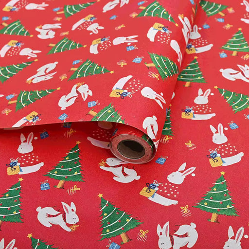 Gift Wrapping Paper Roll - 5M Christmas Rabbits on Red