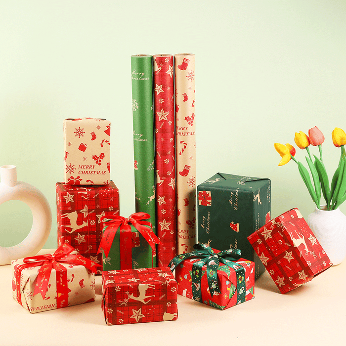 Gift Wrapping Paper Roll - 5M Reindeer and Snowflakes on Red