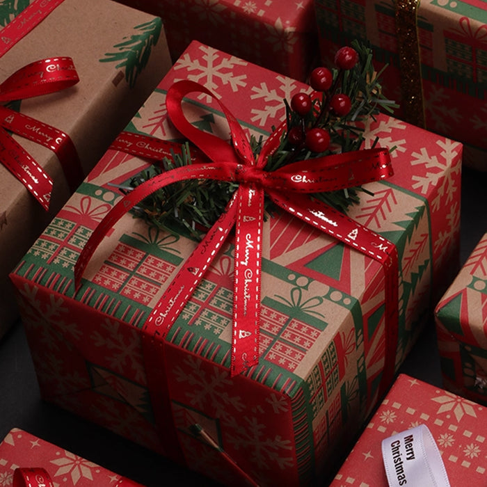 Gift Wrapping Ribbon - Golden Christmas on Red