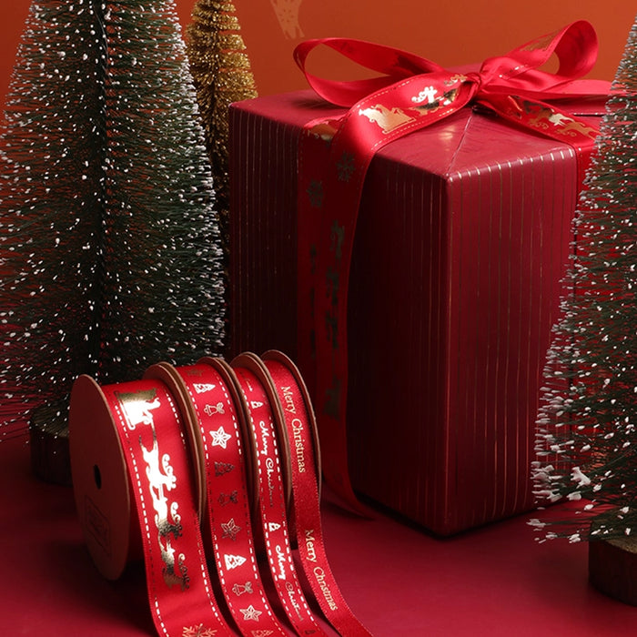 Gift Wrapping Ribbon - Golden Christmas on Red