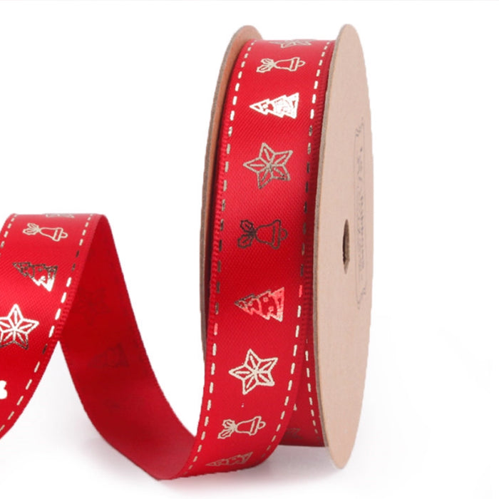 Gift Wrapping Ribbon - Gold Foil Christmas Icons on Red