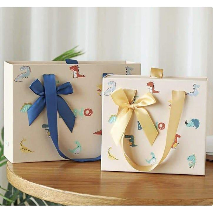 Gift Box Drawer Bag Medium - Dinosaur Cream with Blue Ribbon