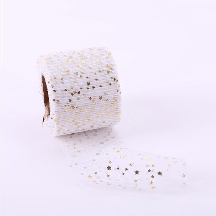Gift Wrapping Ribbon Tulle White With Gold Foil Stars — PaperMarket